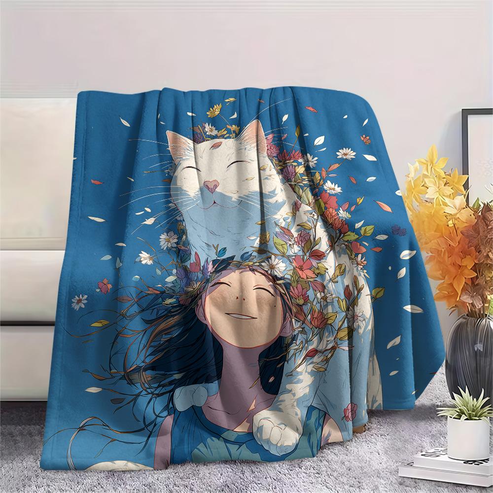 Cat Women Print Flannel Blanket, High quality Comfortable for All Seasons, Home Decor, Warmth and Comfort