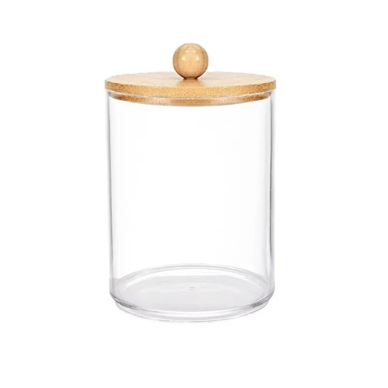 Acrylic Storage Box Bathroom Jar Makeup Organizer Cotton Round Pad Holder Cotton Holder Dispenser with Bamboo Lid Clear Plastic
