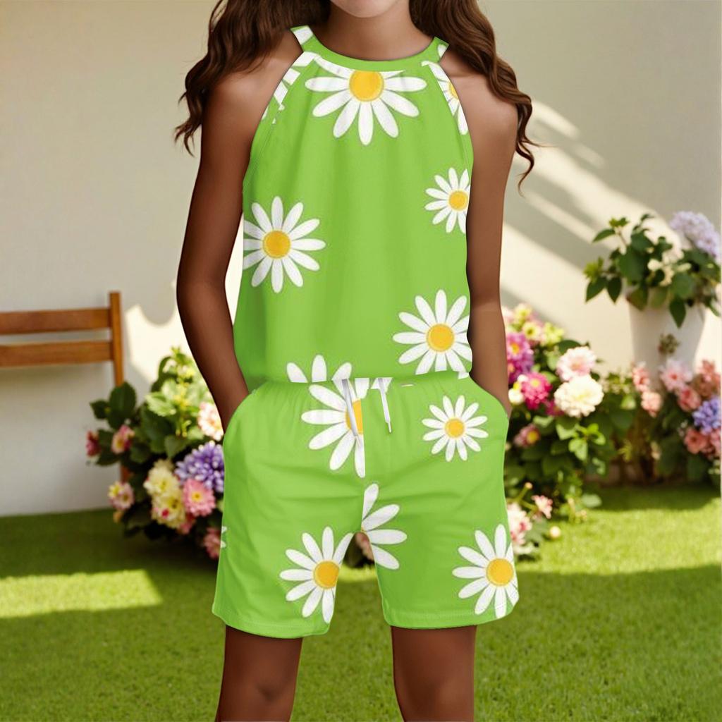 Children's Casual Fashion Round Neck Sleeveless  Top Shorts Set