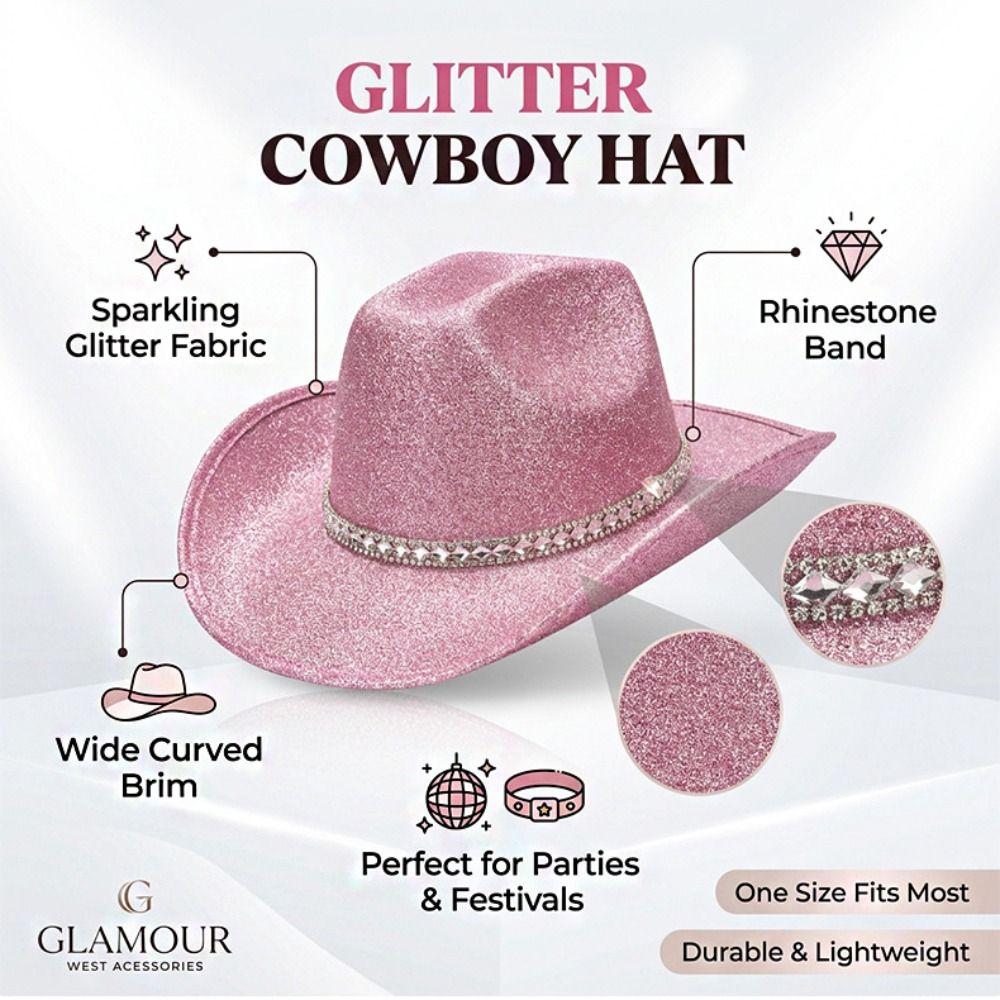 Vintage Glänzend Funkelnd Westlicher Cowboyhut Blingbling Silber Glitzer Strass Jazzhut Punk Breitkrempiger Sonnenhut Damen