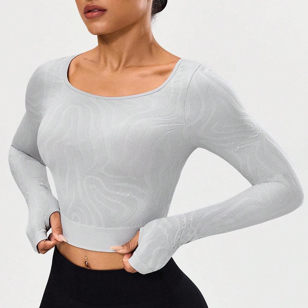 Solid Color Long Sleeve Seamless Knit Yoga Top for Outdoor Sports & Fitness