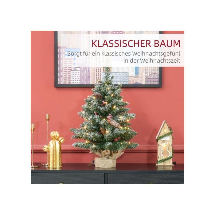 HOMCOM Sapin De Noël Avec Éclairage LED, 60 Cm, Pommes De Pin Et Baies Rouges, Support Inclus, Vert/blanc