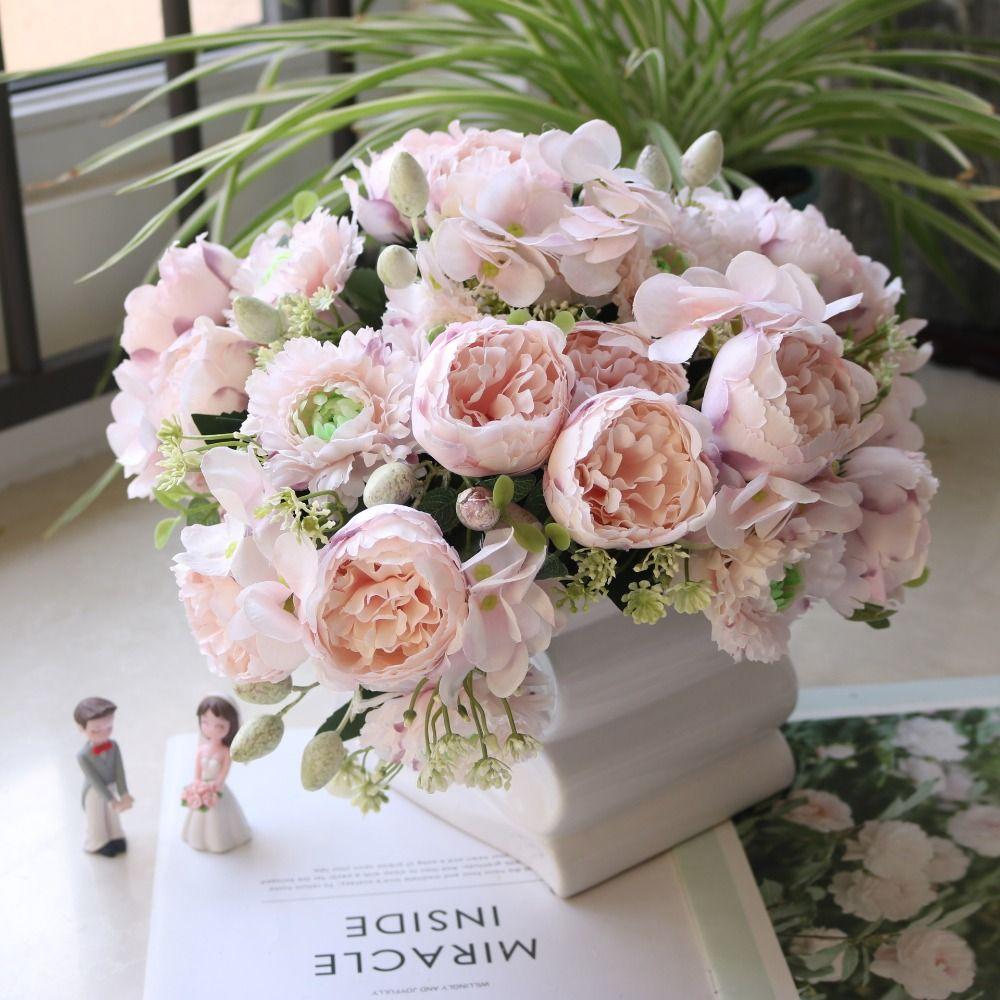 Vase Included Peony Bouquet Silk Flower Fake Plants Artificial Flowers  Home Garden Decor