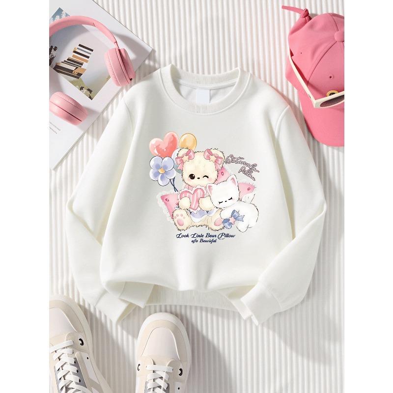 European sizes Girls' Soft Crewneck Sweatshirt with Cute Bear & Cat Pillow Print, Casual All-Match, Ideal Holiday Present