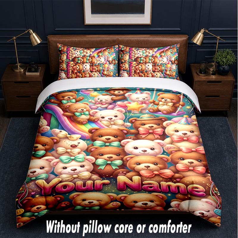 Set Biancheria da Letto a Tema Orsacchiotto con Testo o Nome Personalizzato, 3 Pezzi, 1 Lenzuolo Sotto con Angoli & 2 Federe, Biancheria da Letto Personalizzata per la Casa