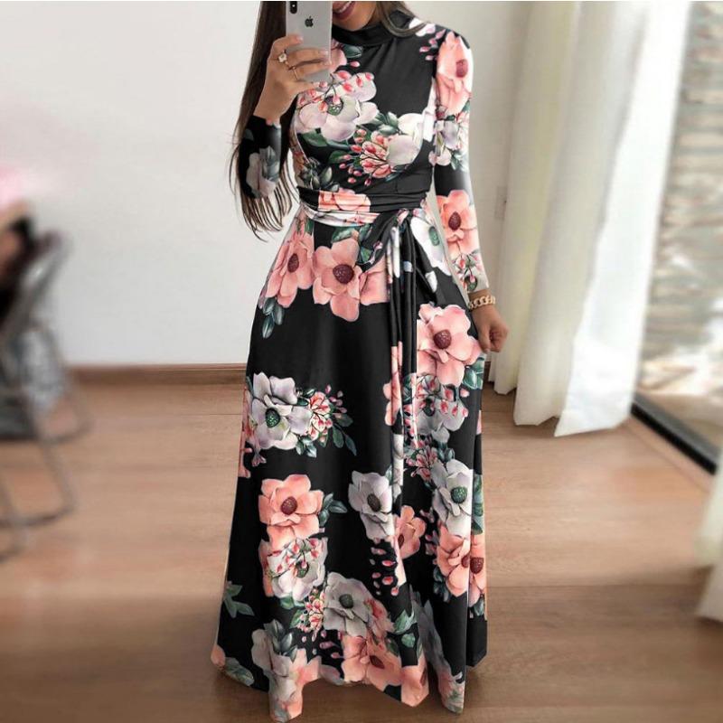 Autumn and Winter Casual Printed Strappy Long Dresses Dresses Women's Versatile Fashion