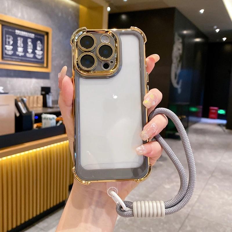 Luxury Electroplate With Lanyard Transparent Phone Case For For Iphone 15 14 13 12 11 16 Pro Max Plus Bumper Shockproof Clear Cover