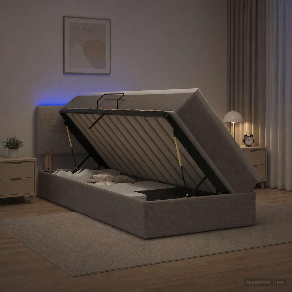 LED Storage Bed with Mattress Taupe 90 x 200 cm Fabric