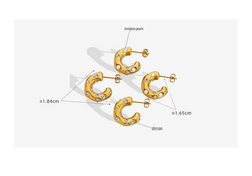 Gold-Plated Titanium Steel C-Shaped Earrings with Imitation Pearl and Zircon Inlays