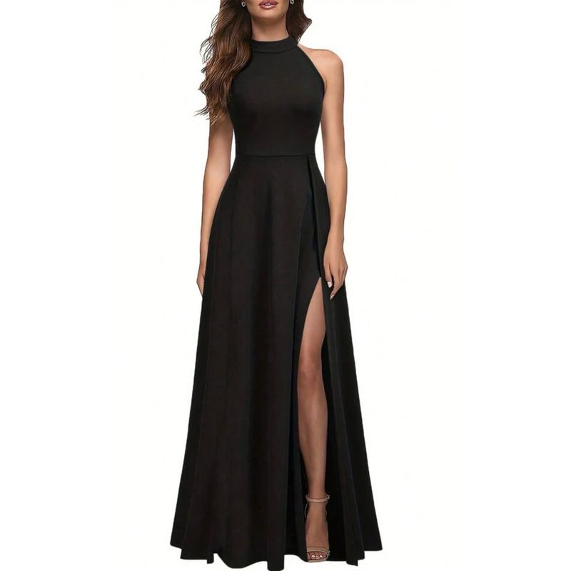 

Women s Hanging Neck Sexy Evening Dress Summer Fashion Slit Cocktail Party Long dress Formal Formal Dress Black S