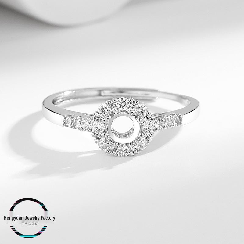 Women's Full Diamond Imitation Ring, Round Egg-Shaped Copper Mount, DIY Inlay, S925 Silver Finish