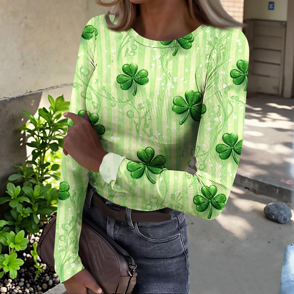 Women's And Winter Slim T-shirt Fashion Casual Printing Round Neck Pullover Long Sleeve Top