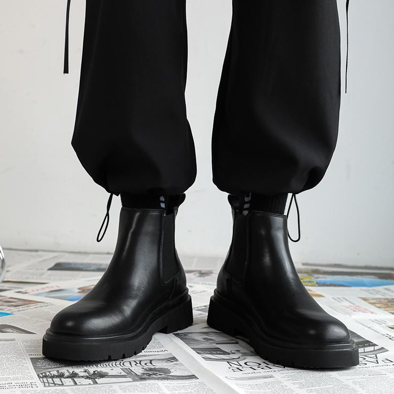 Fashion Leather Boots Lace Up Ankle Boots Low Heels Men Casual Platform Chelsea Boots Men's Boots Wedding Shoes Winter Plush