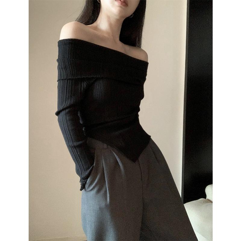 Autumn Winter One Word Collar Slit Irregular Sweater Women Long Sleeve Off the Shoulder Knitting Bottomed Top