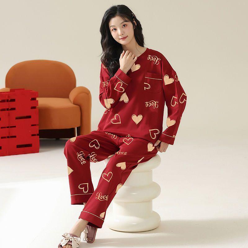 Dámské pyžamo z čisté bavlny - Jarní/podzimní jednobarevné, kulatý výstřih, dlouhý rukáv, volné, ležérní, pohodlný domácí oděv.