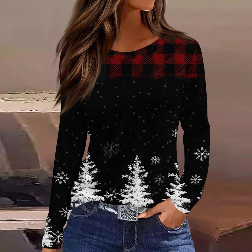 Women's Fashion Casual Slit Hem Round Neck Long Sleeve Loose Christmas Printed T-Shirt Ladies Top