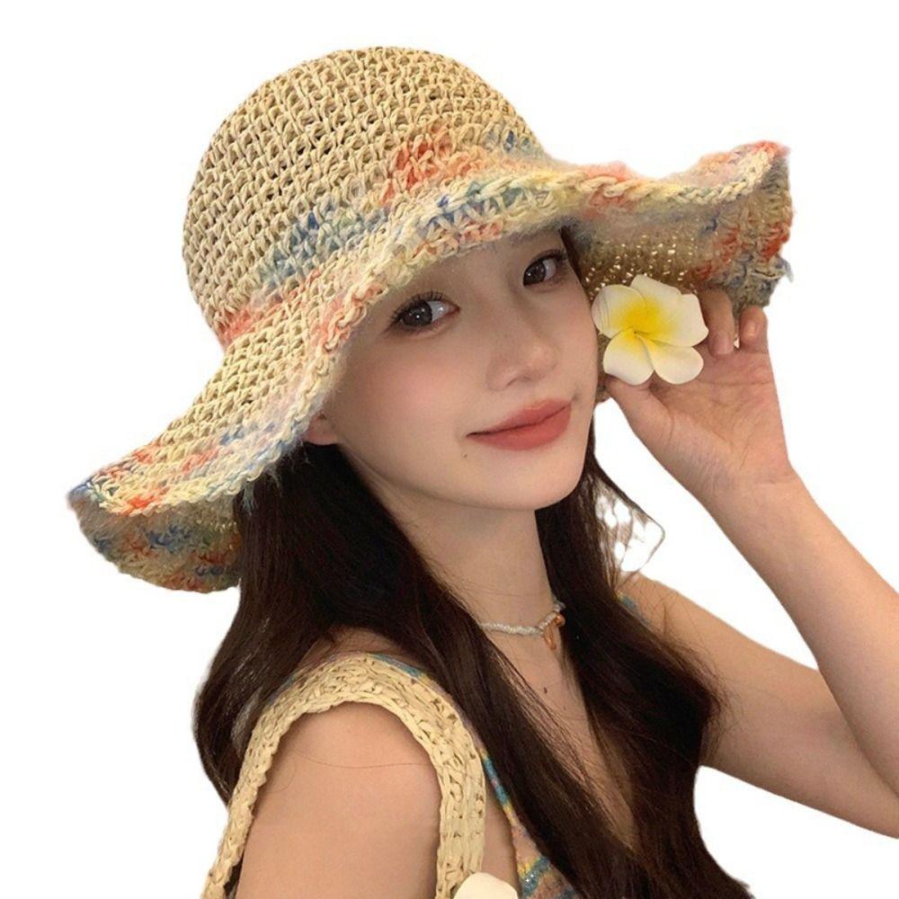 Foldable Wide Brim Straw Hat Colorful Women's Sun Visor Hats Casual Weave Bucket Hat  Holiday