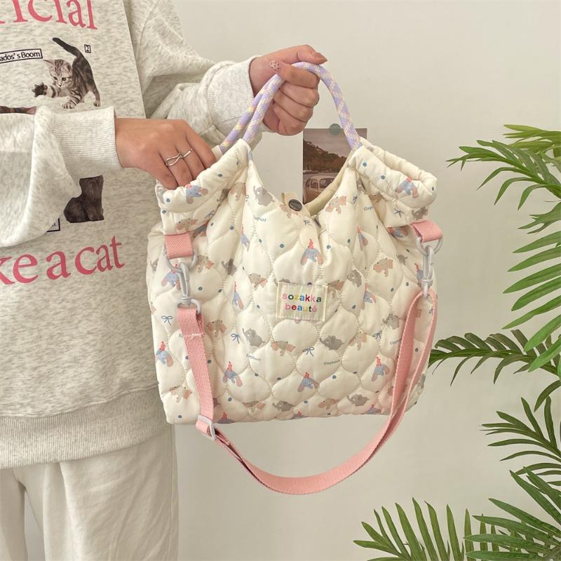 11 Autumn and Winter Quilted Quilted Cotton Cartoon Pattern Hand Bag Women's Hand Shoulder Crossbody Canvas Bag