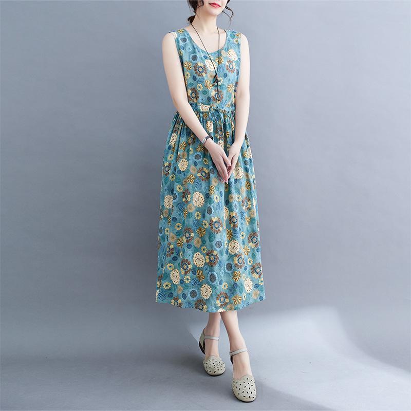 2025 Mori Girl Pastoral Cotton Linen Floral Sleeveless Plus Size Dress