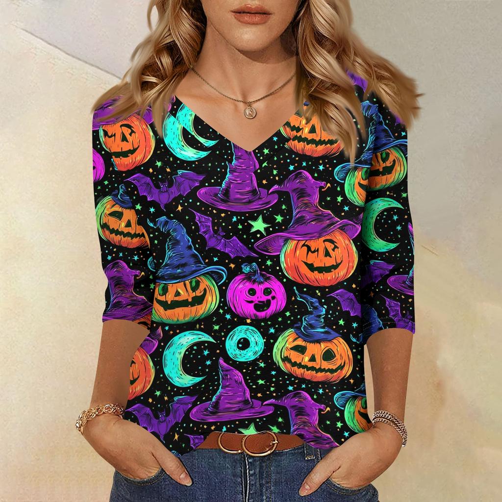 Women's Casual Halloween Print V Neck Three Quarter Sleeve Top Lightweight Soft Fabric Comfortable Fit