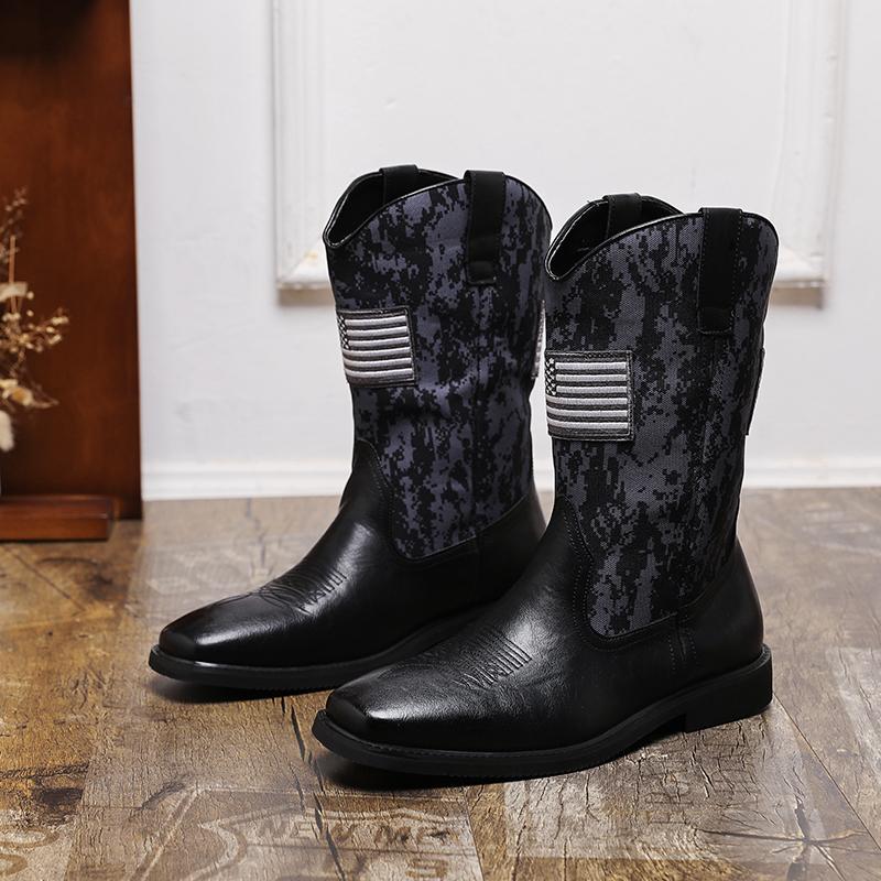 Golden Sapling Western Cowboy Mid-calf Boots for Men Retro PU Leather Military Shoes Outdoor Camouflag Combat Boot Man