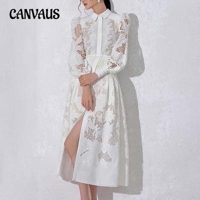 Vintage Style Spring and Summer Women's Lapel Long Lantern Sleeve Mid-length Embroidery Hollowed Out Solid Colour Dress