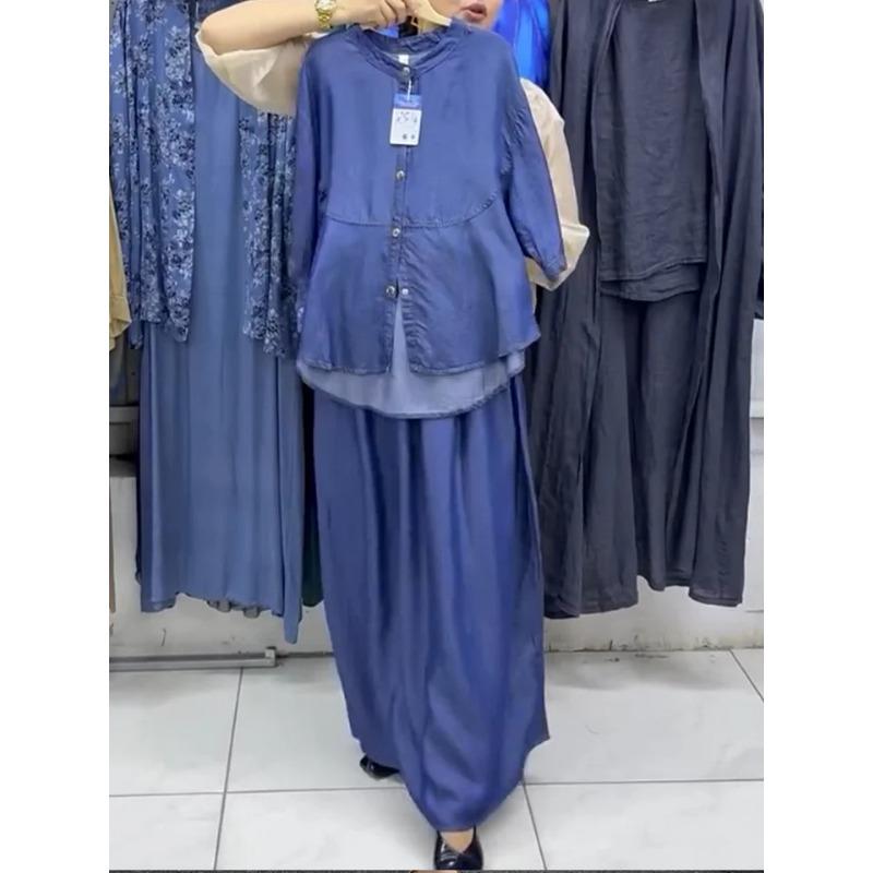 

Весенне-летний новый женский повседневный однотонный свободный джинсовый костюм-двойка XL