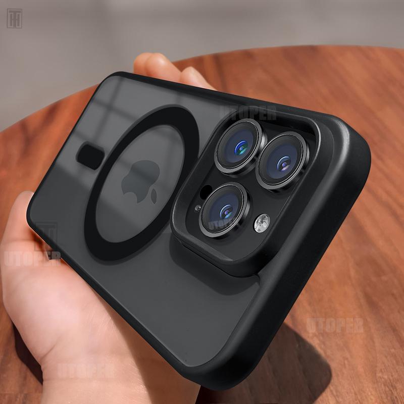 New Matte Border Transparent Antiskid Case for iPhone 16 15 14 13 12 11 Pro Max Plus Strong Magnetic Magsafe Hard Protect Cover