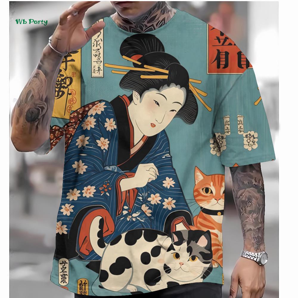 Japanese Style Men's T-Shirt 3D Ukiyo-E Pattern Short Sleeve T-Shirt Oversized Casual Tops Summer Men's Outdoor Casual Clothing