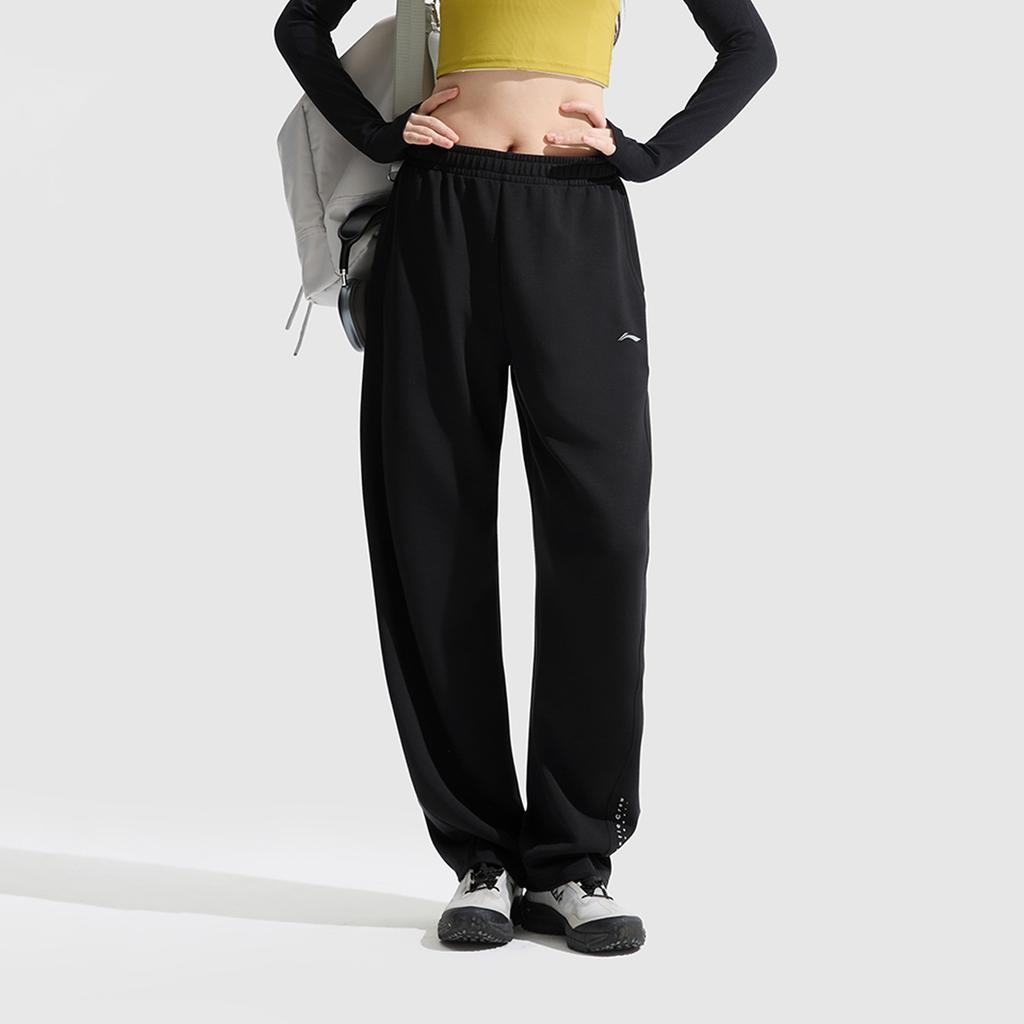 Li-Ning Comfortable Casual Simple Straight Leg Mid Waist Knitted Sports Pants Women Bottoms Black AKLV720-7