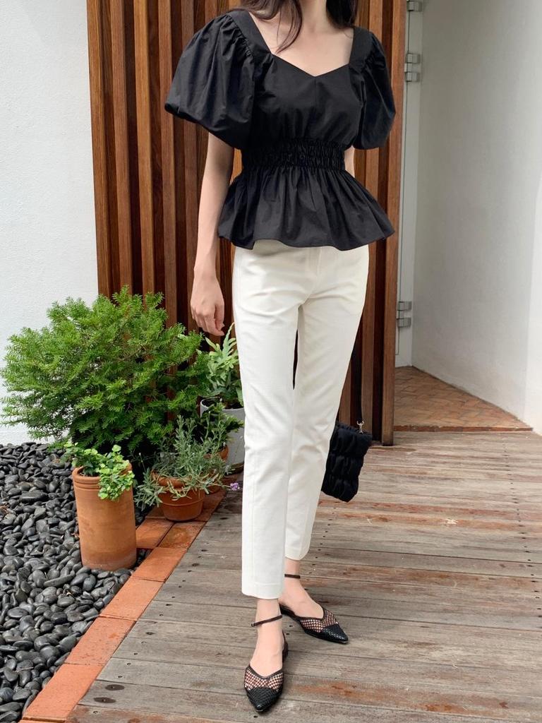 Koreanisches Sommer Puffärmel Quadratkragen Slim Fit Hemd für Damen