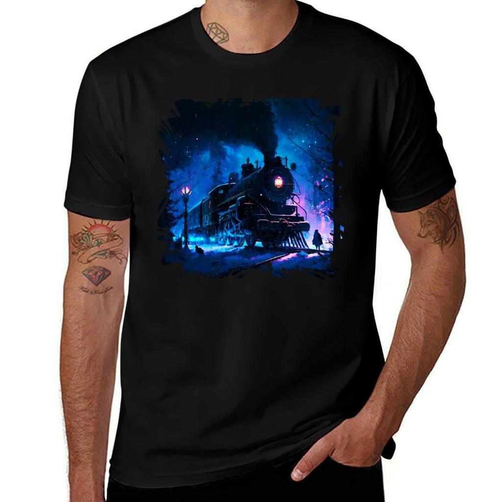 Snowy Night Steam Train EnchantUnisext TShirt Casual Fashion Short Sleeve Cotton TShirt