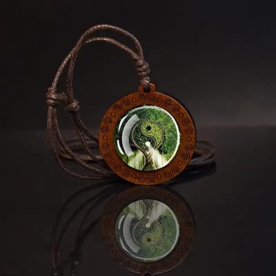 Elegant Tree of Life Yin Yang Pendant Necklace, Glass Dome Vintage Brown Cord Chain, Adjustable