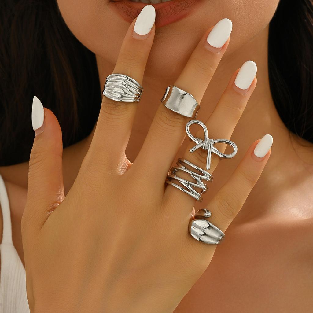 5Pcs/Set Geometric Irregular Metal Lines Opening Rings for Women Men Exaggerated Bow Knot Finger Rings Party Jewelry Accessories