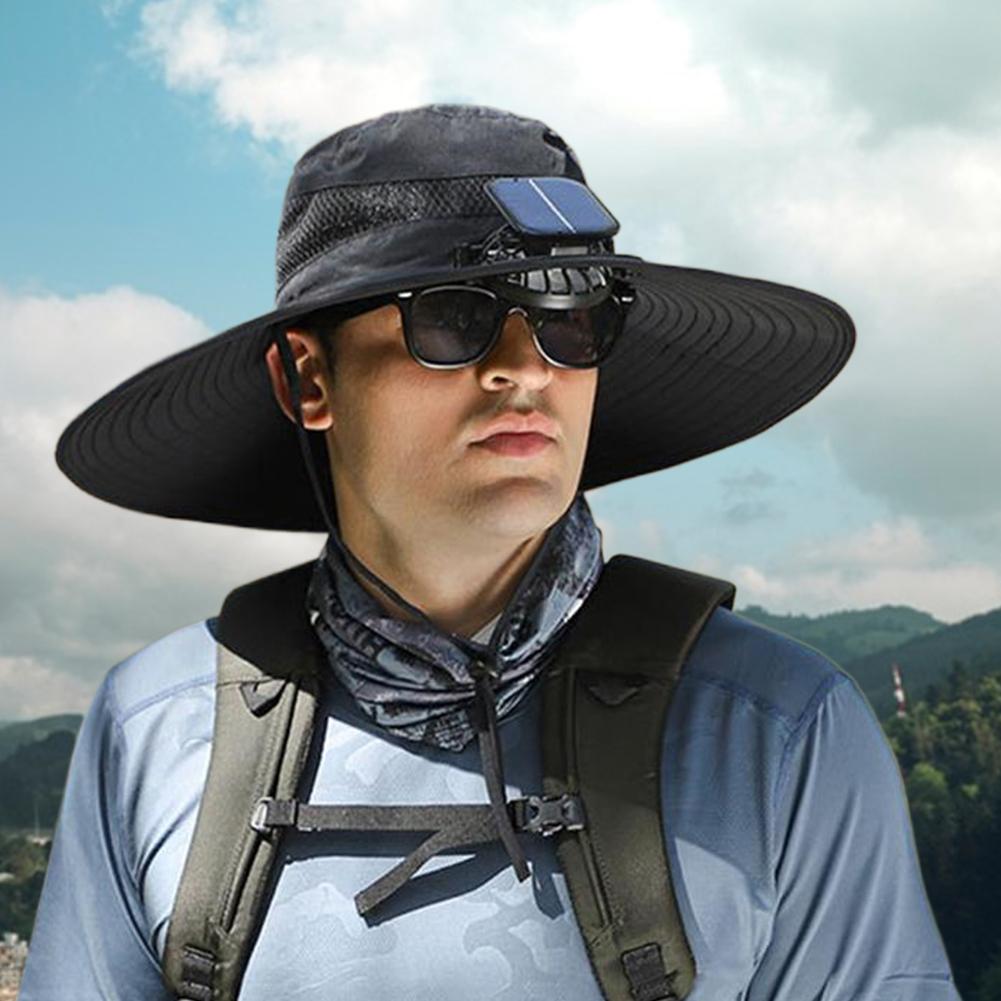Outdoor Sun Hat with Fan Wide Brim Solar Fan Hat Portable Sunscreen Fisherman Hat For Camping Fishing Hiking for Men Women