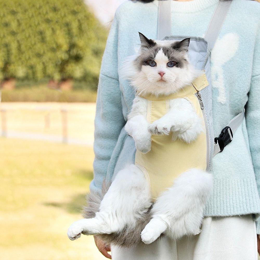 Mesh Cat Dog Carrier Bag Front Leg Out Hands-Free Dog Shoulder Handle Bags Breathable Adjustable Pet Double Shoulder Backpack