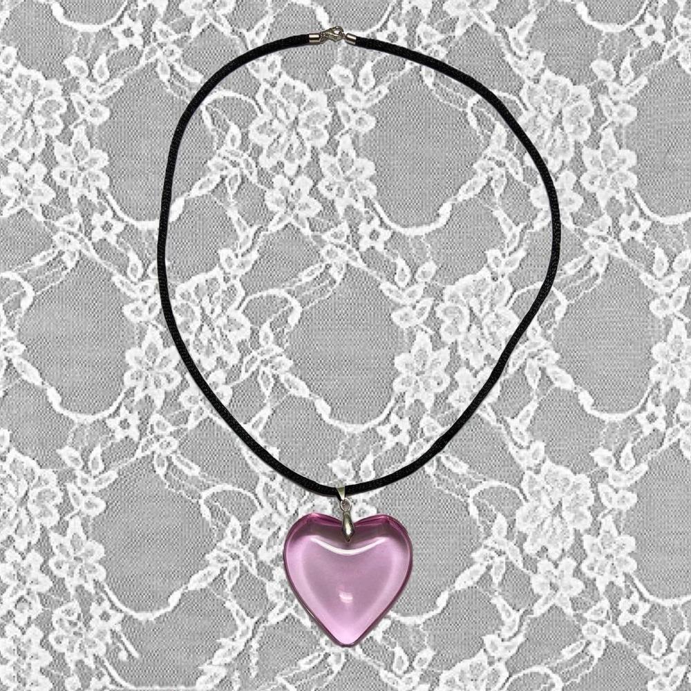 Fashion Hip-hop Pink Glass Crystal Heart-shaped Pendant Black Rope Necklace for Women Carnival Party Collar Chain Jewelry Gifts