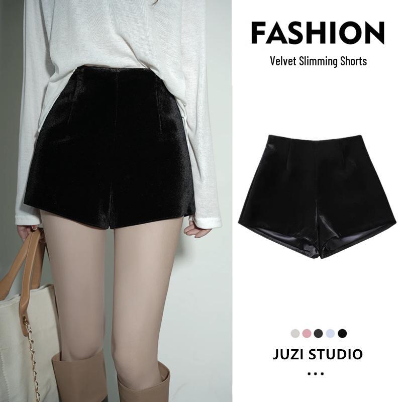 

Women s Black Velvet High-Waisted A-Line Shorts, Autumn/Winter Outerwear, Thickened Wide-Leg Style, Perfect With Boots M (95-105 jin)
