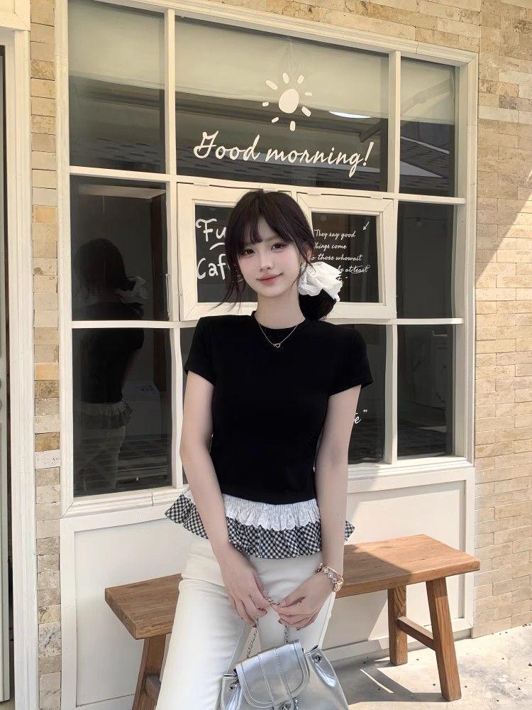 

Women s Summer Crew Neck Ruffle Patchwork Short Sleeve T-Shirt Medium чёрный