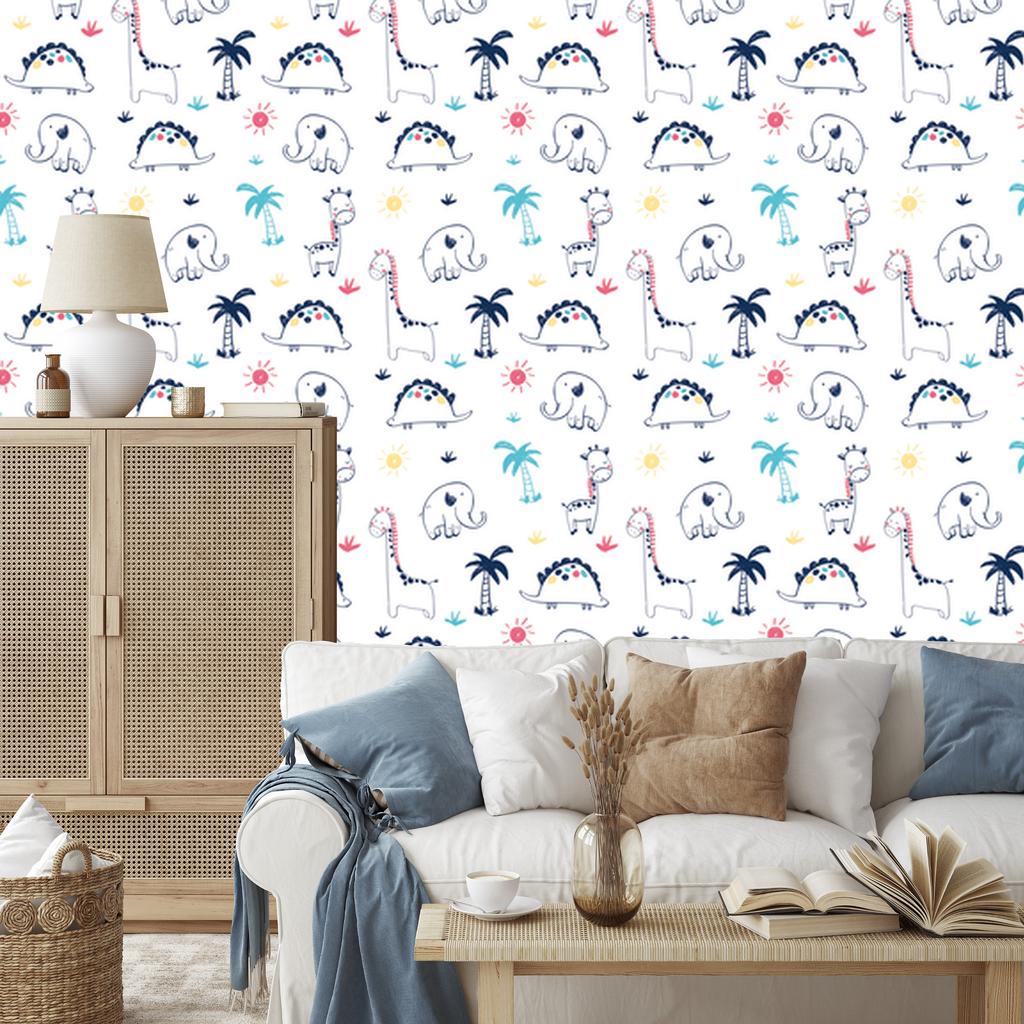 Wallpaper Dinosaurs palms plants sun for living room and bedroom 50x1000