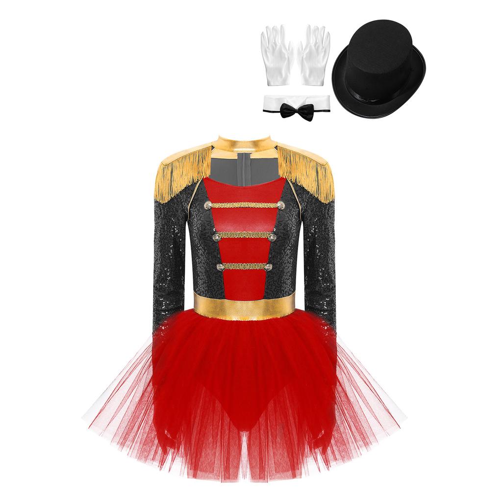 Womens Circus Ringmaster Costume Set Mock Neck Patchwork Bodysuit Complete Hat Bow Collar Gloves