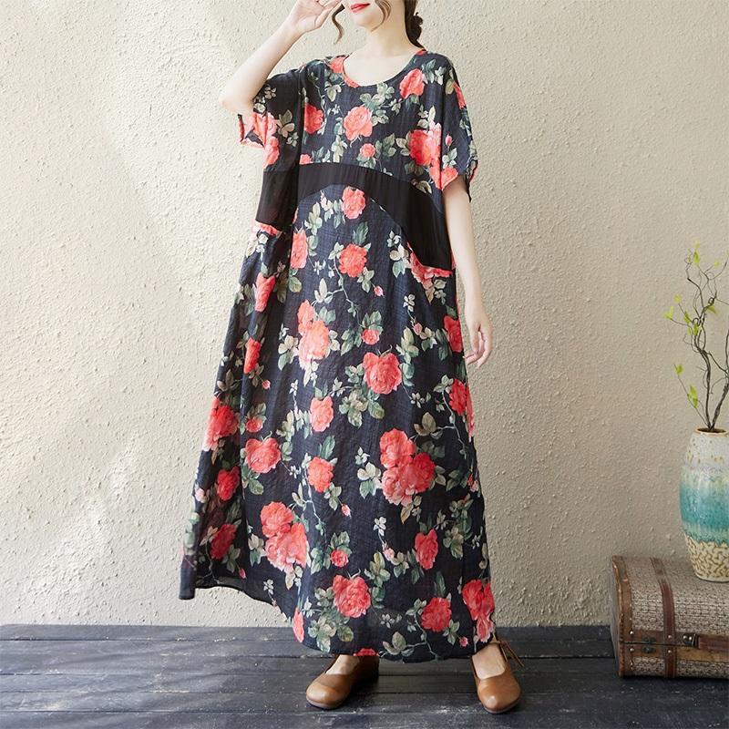 

Новое хлопковое винтажное платье с цветочным принтом больших размеров с коротким рукавом для женщин, повседневное свободное длинное летнее платье