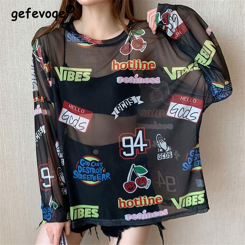 

Women Letter Graphic Print Sexy Sheer Mesh Harajuku Y2K T Shirt Summer Trendy Long Sleeve Thin Tees Casual Streetwear Tops Ropa L білий