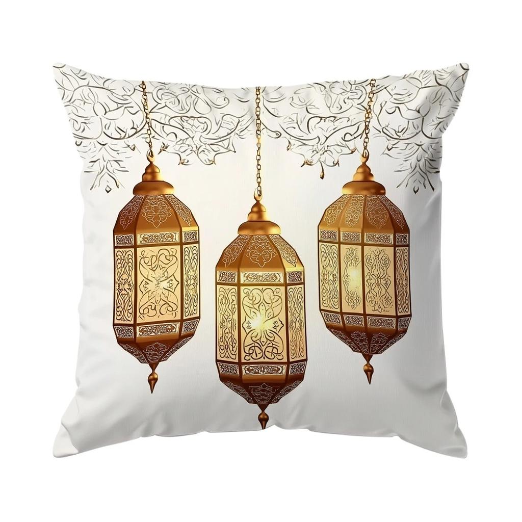 Short Plush Material Pillowcaseramadan Decoration Pillow Cover Crescent Moon Fasting Lamp Pattern Printing Home Room Living Room