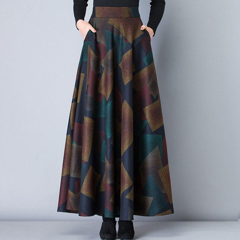 Four Seasons Printed Half-length Dress Women's High Waist Medium and Long A-shaped Large Swing Dress Skinny Dress
