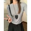 Small round neck slim long-sleeved bottoming shirt for women 2024 autumn new design ribbed T-shirt right shoulder top