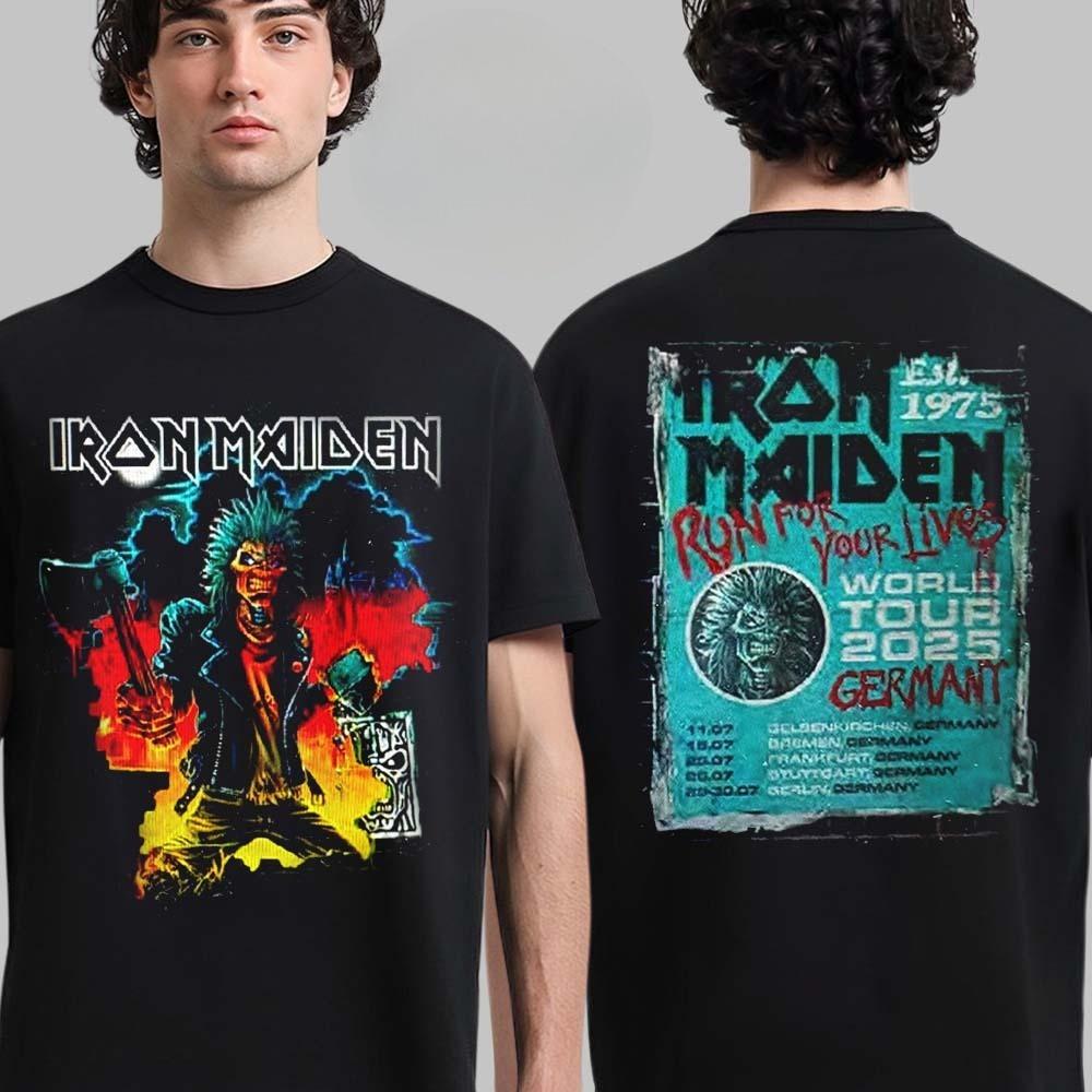 

Rare Ir Maiden Run for Your Lives World Tour 2025 Germany Tour Event Tee Eddie with His Axe Art Two Sided T-Shirt 4XL
