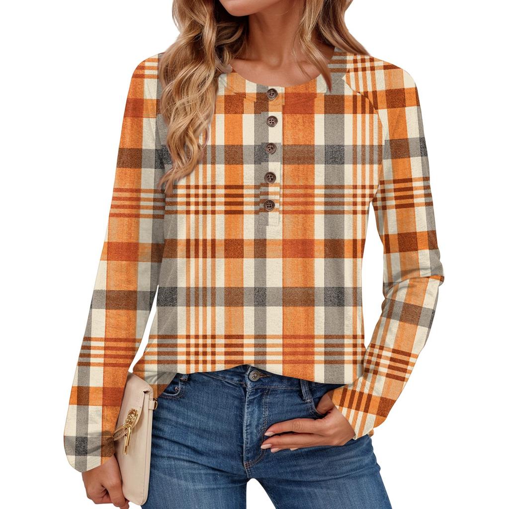 Women's Fashionable Plaid Print Round Neck Long-sleeved Top