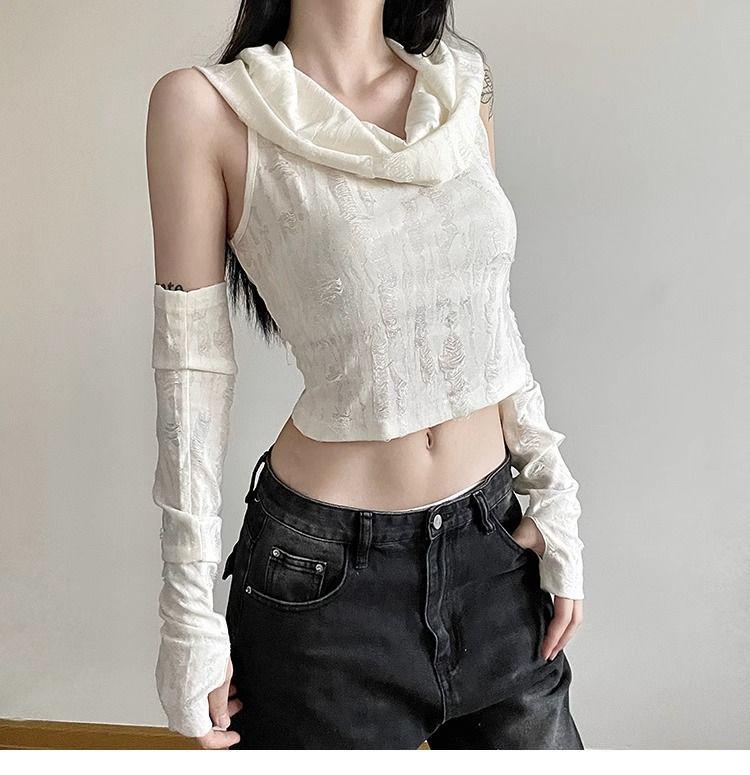 Women's Summer Sleeveless Hooded Crop Top: Sexy, Ripped, Cross-Border Wasteland Style