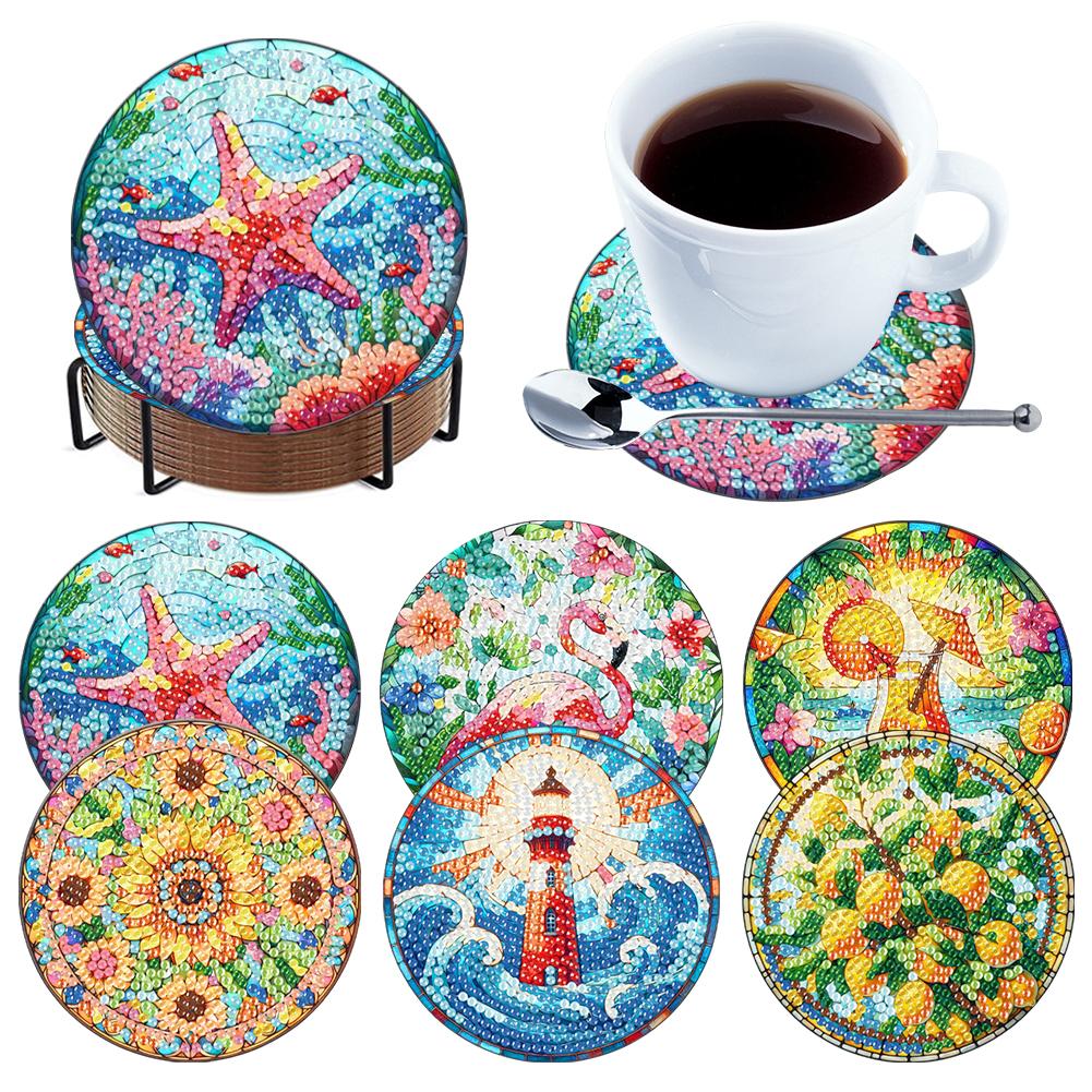 6Pcs/Set Diamond Painting Coasters with Holder DIY Diamond Art Coaster Set Wooden for Beginners Adults Art Craft Supplies